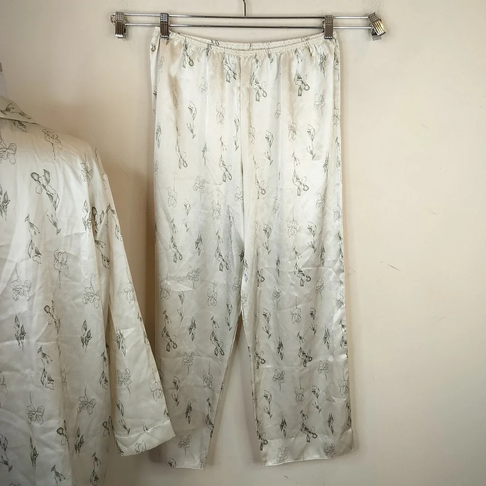 Womens Floral Satin Pajama Set Large Sleepwear Olive Green Shirt Pants